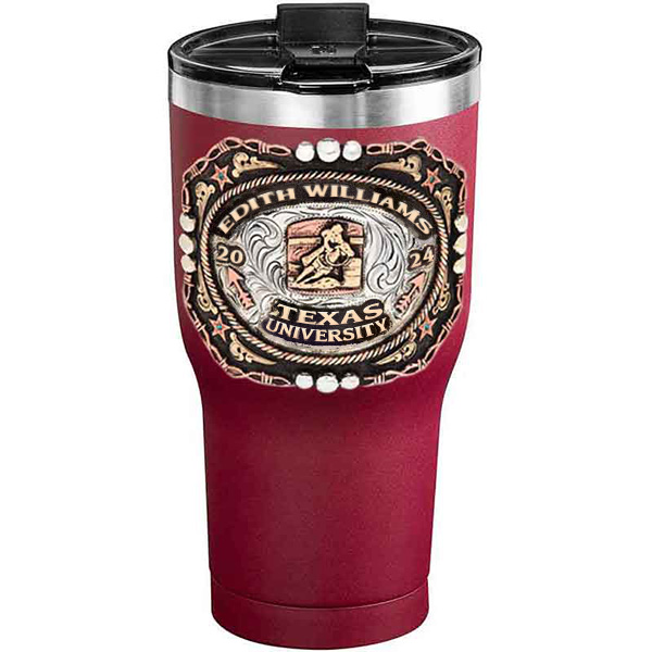 A customized tumbler made of stainless steel with a personalized engraved name and Texas University lettering with barrel racing figure, 30 oz, ideal for coffee or cool drinks